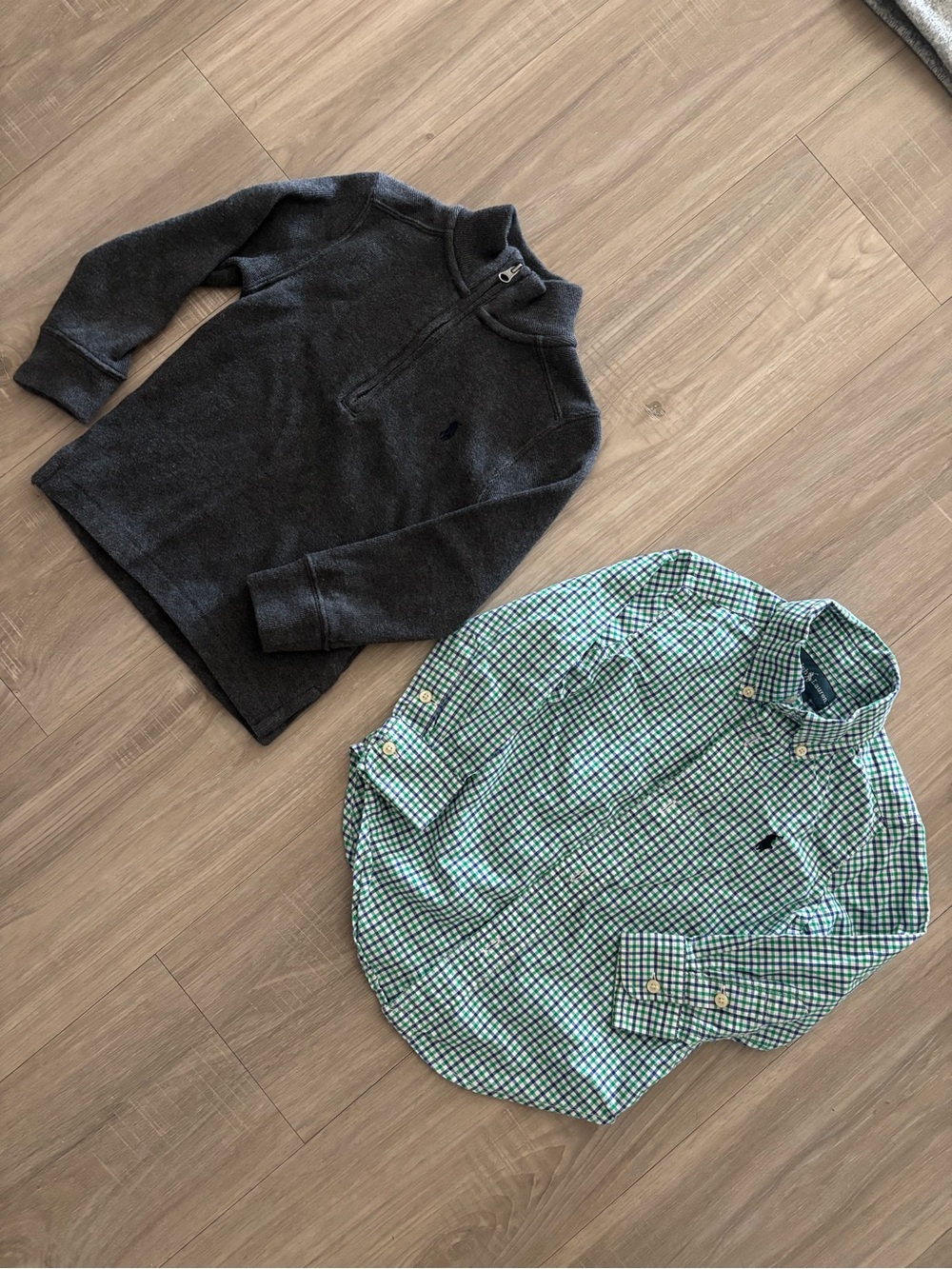Ralph Lauren Boys Green Plaid Button-Down Shirt and Quater Zip Bundle 2T euc
